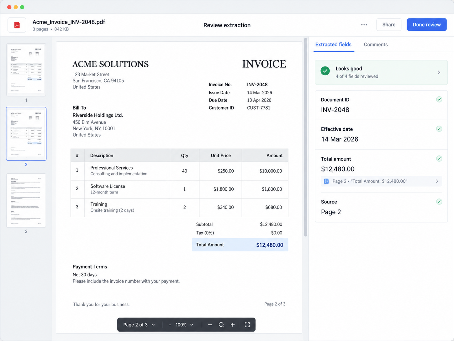 Document review workspace showing an invoice, extracted fields, and source references